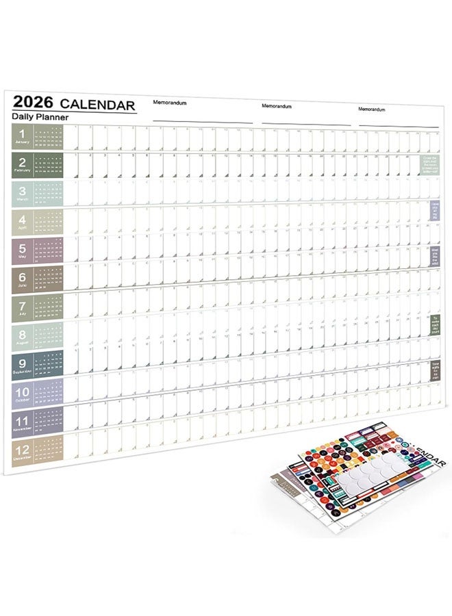 مخطط سنوي لعام 2026، تقويم كامل السنة، صفحة واحدة، تقويم حائط سنوي كبير، ملصق ورقي سميك مع ملصقات للمكتب أو الدراسة أو المنزل - Image 1